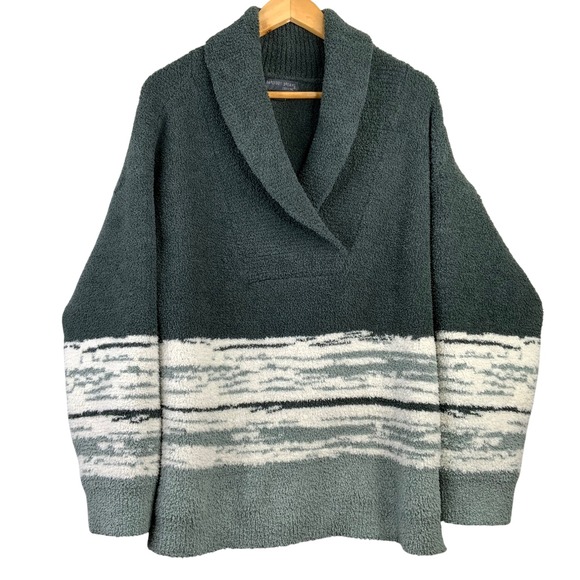 Barefoot Dreams Sweaters - Barefoot Dreams CozyChic Shawl Collar Pullover Sweater Teal Stripe XL